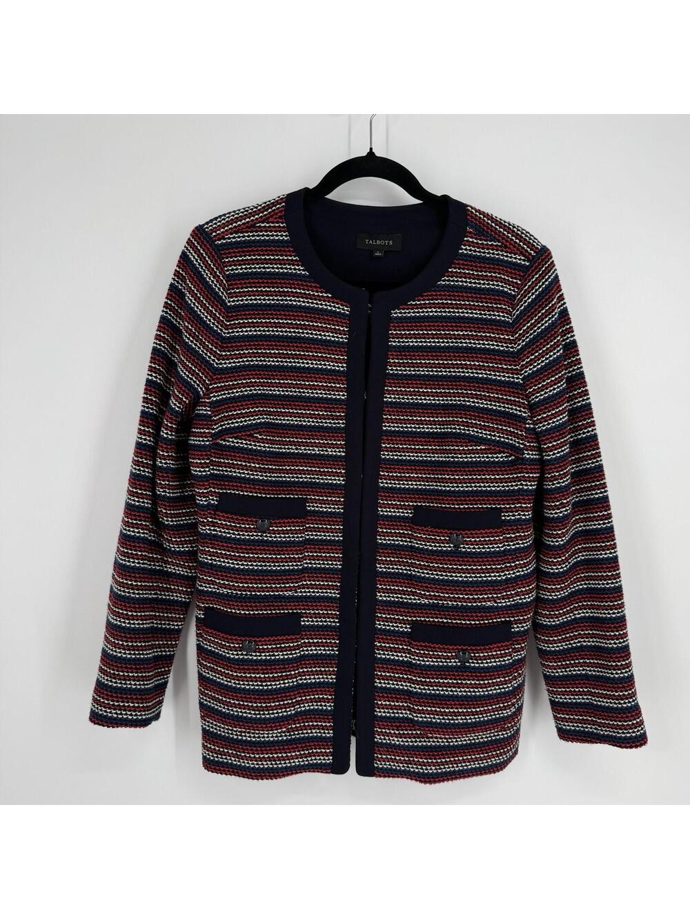 Talbots jacket womens large L red white blue blazer cotton striped business work